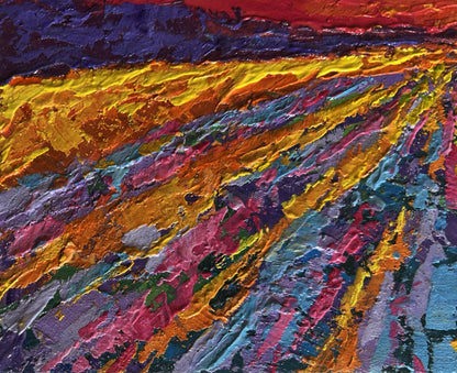 Oil painting Yellow rays of sunset V. Zadorozhnya vibrant textured hues