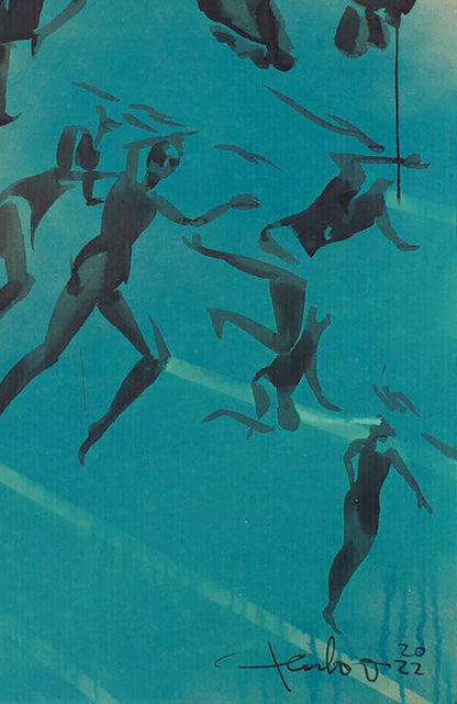 Stylized underwater swimming watercolor painting by Dima Filatov