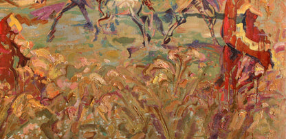 Vibrant oil painting In the Steppe by Leonid Pavlenko horses in tall grass