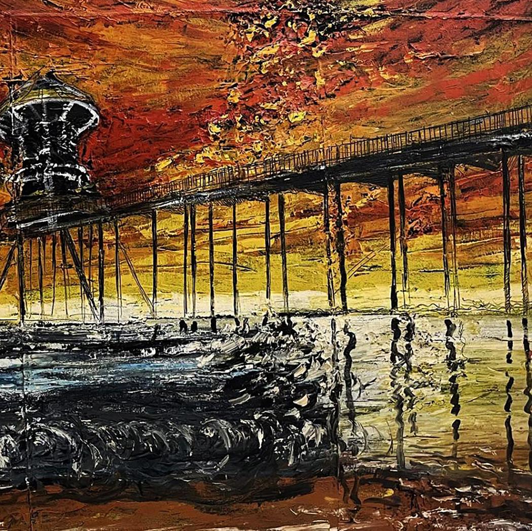 Oil painting of textured sunset pier by Serhiy Kovalev