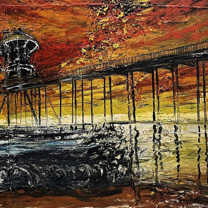Oil painting of textured sunset pier by Serhiy Kovalev
