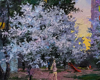 Oil painting Evening courtyard in the city by Boris Serdyuk with blossoming tree