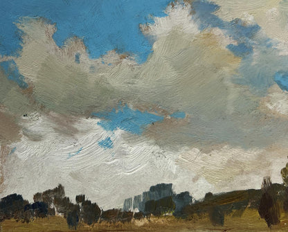 Oil painting The flow of time and nature by Yuriy Suprunchuk with swirling clouds over trees