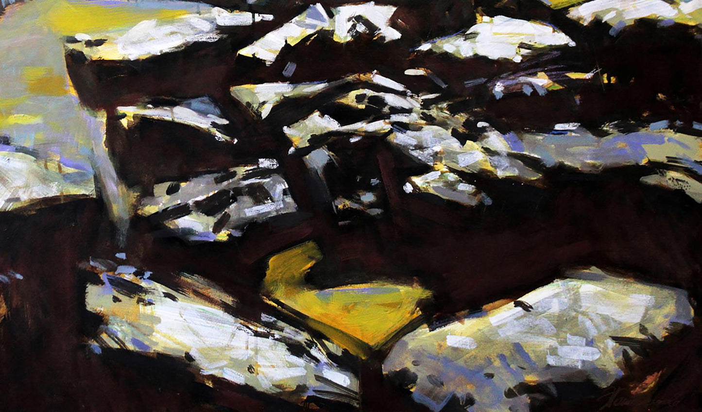 Oil painting Stones by Ed Potapenkov with white yellow brown strokes