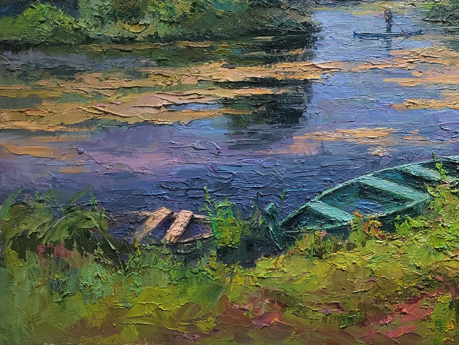 Oil painting of weathered green rowboat by Boris Serdyuk on pond