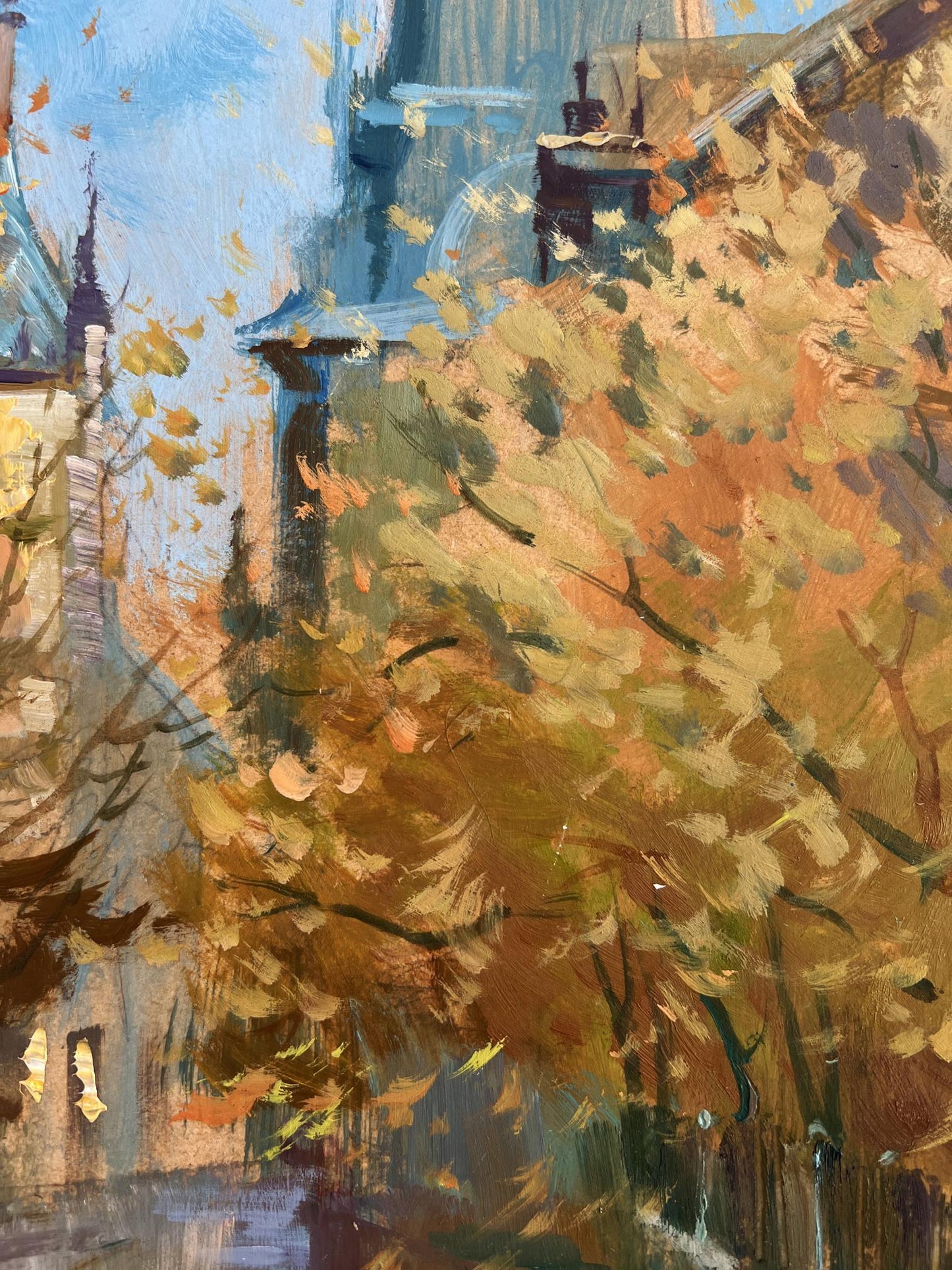 Autumnal tree with golden orange leaves oil painting by Yuriy Suprunchuk