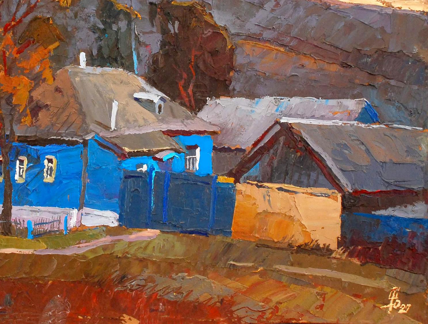 Oil painting The last ray by Egor Shvachunov: vibrant blue house with gray roof