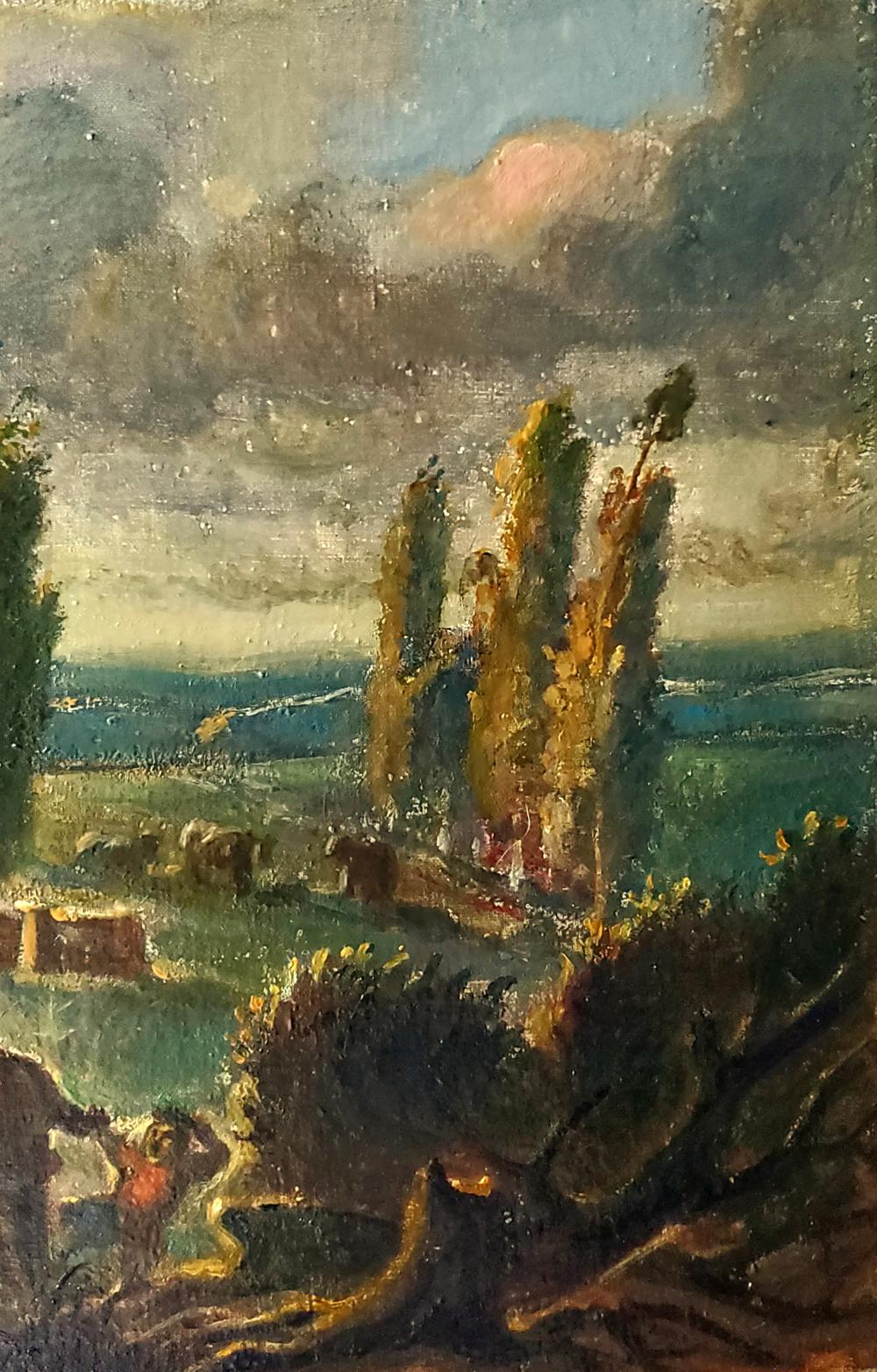 Oil painting Before the Storm by Daniil Litvinov, tall trees in golden green hues