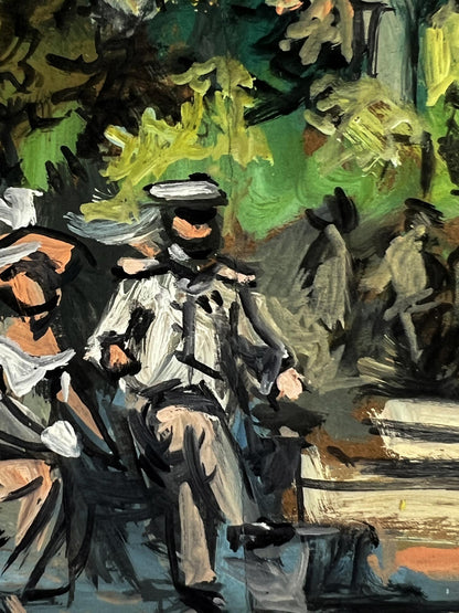 Stylized oil painting of soldiers gathering in park by Alexander Litvinov