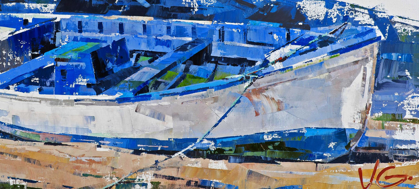 Oil painting Expectation by Volodymyr Gluhomanyuk: vibrant blue and white boat on wood