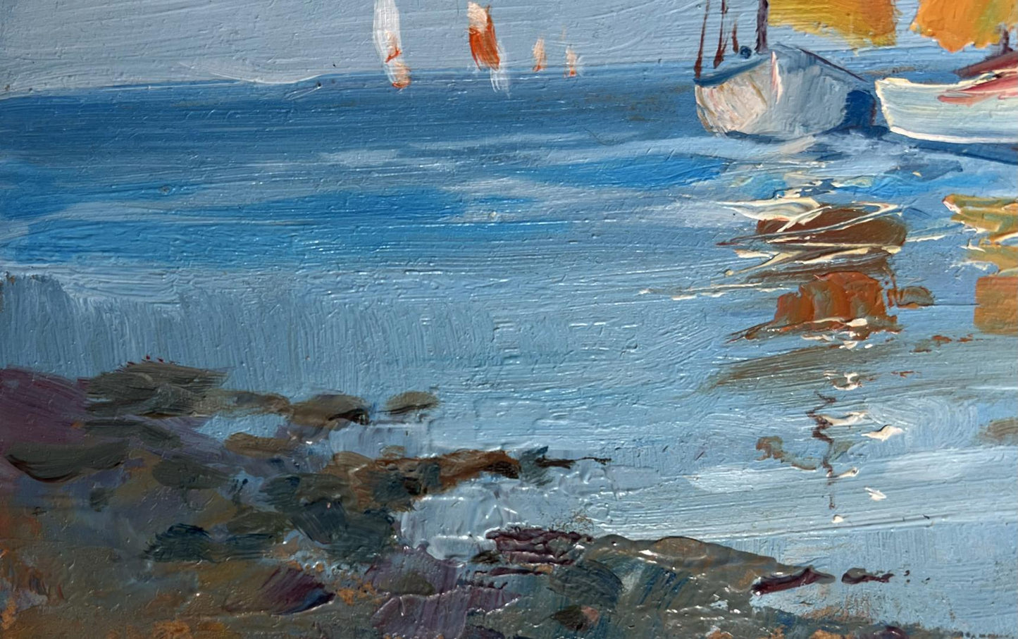 Oil painting On a Journey by Sea by Yuriy Suprunchuk, coastal boats scene