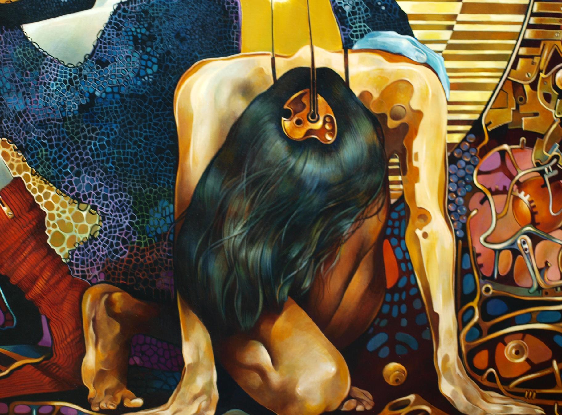 Surreal oil painting Hiranyagarbha Konsta G. Amelinn back view with golden patterns