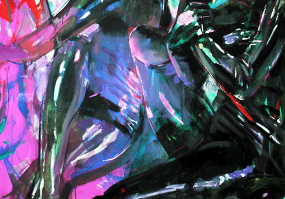 Oil painting Asana Ed Potapenkov with pink, blue, green strokes on dark background