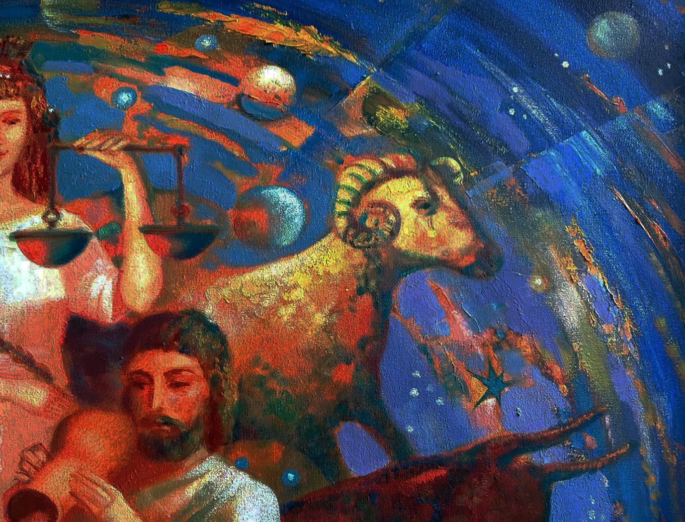 Abstract zodiac oil painting of golden ram by Anatoly Tarabanov