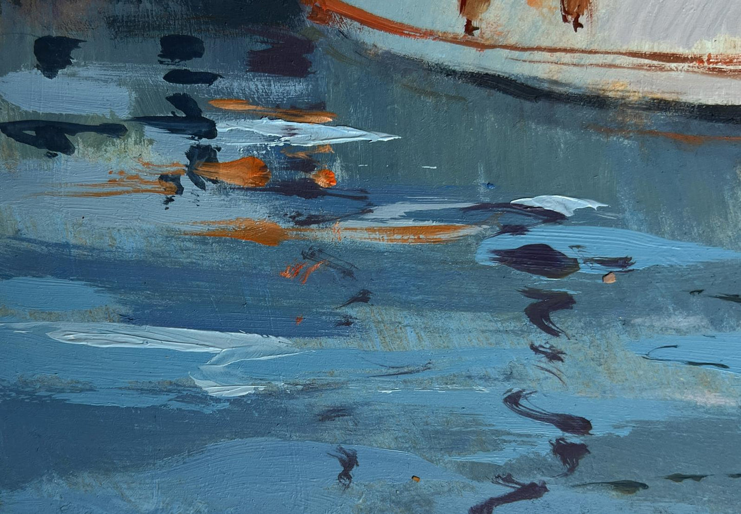 Textured abstract oil painting by Yuriy Suprunchuk Summer Yacht Club with swirling blues whites orange