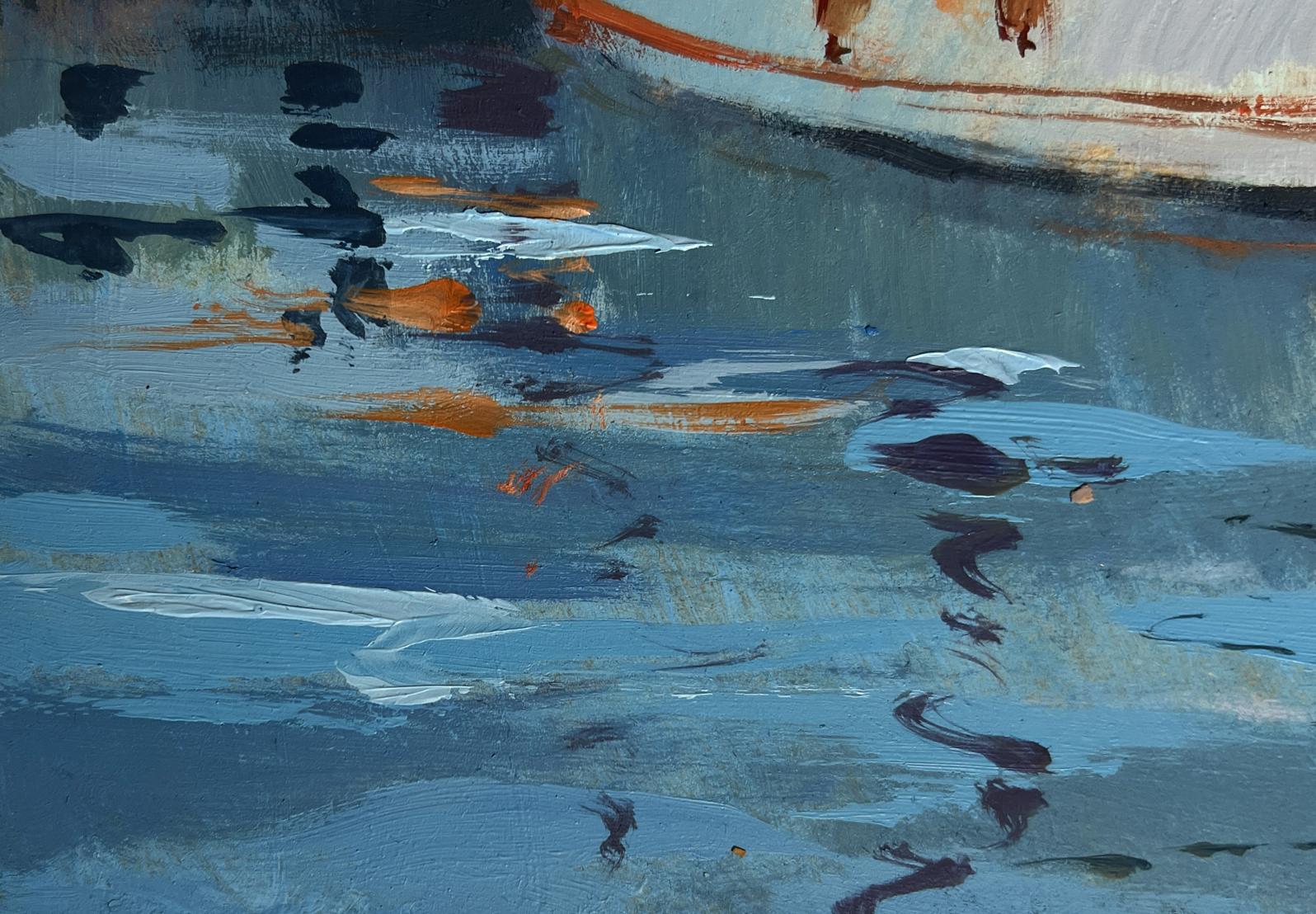 Textured abstract oil painting by Yuriy Suprunchuk Summer Yacht Club with swirling blues whites orange