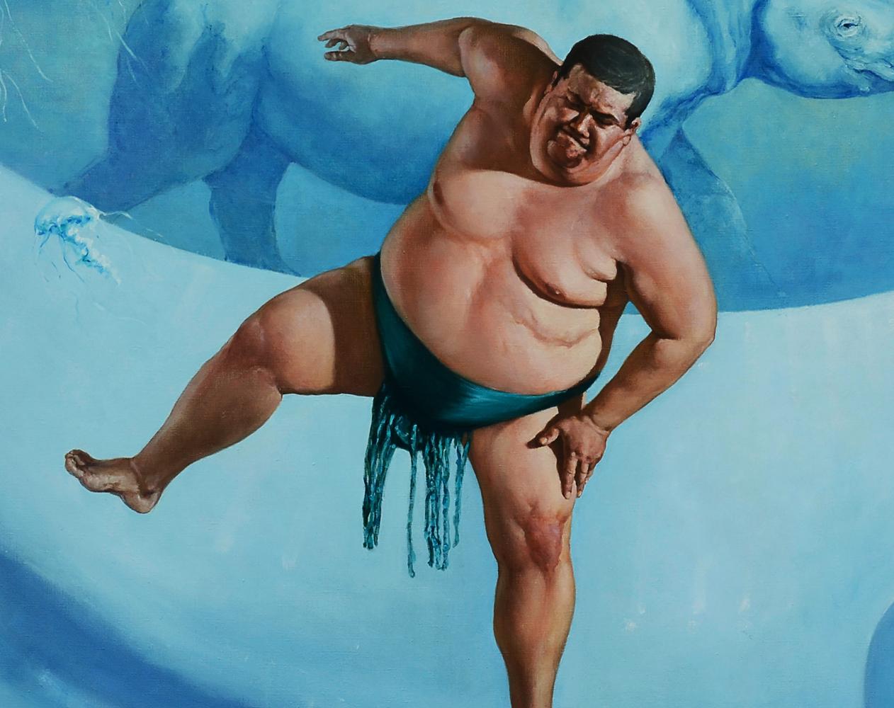 Sumo wrestler in teal fringed mawashi, mid-motion on icy blue, by Oleg Kateryniuk