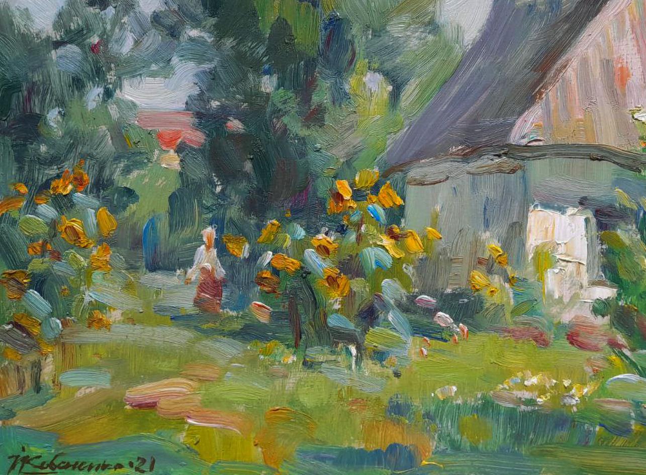 Oil painting The hidden hut by Ivan Kovalenko vibrant cottage scene
