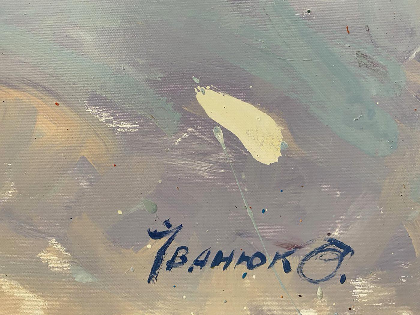 Oil painting Covered with snow by Oleksiy Ivanyuk, abstract gray green yellow brushstrokes