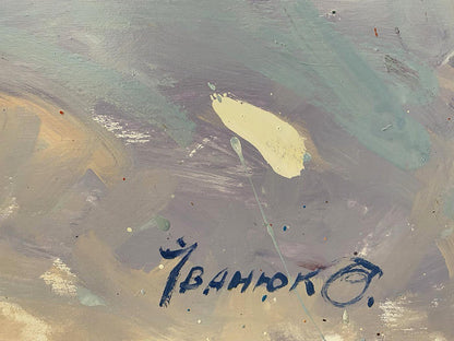 Oil painting Covered with snow by Oleksiy Ivanyuk, abstract gray green yellow brushstrokes