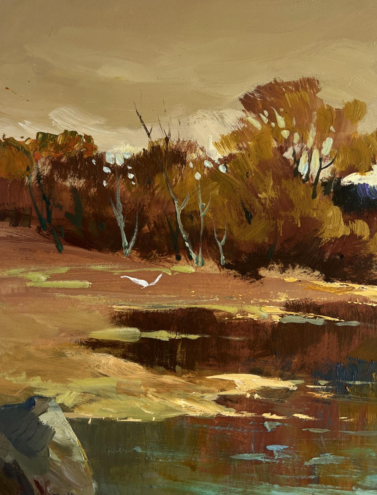 Autumnal landscape oil painting by Yuriy Suprunchuk with birds over river
