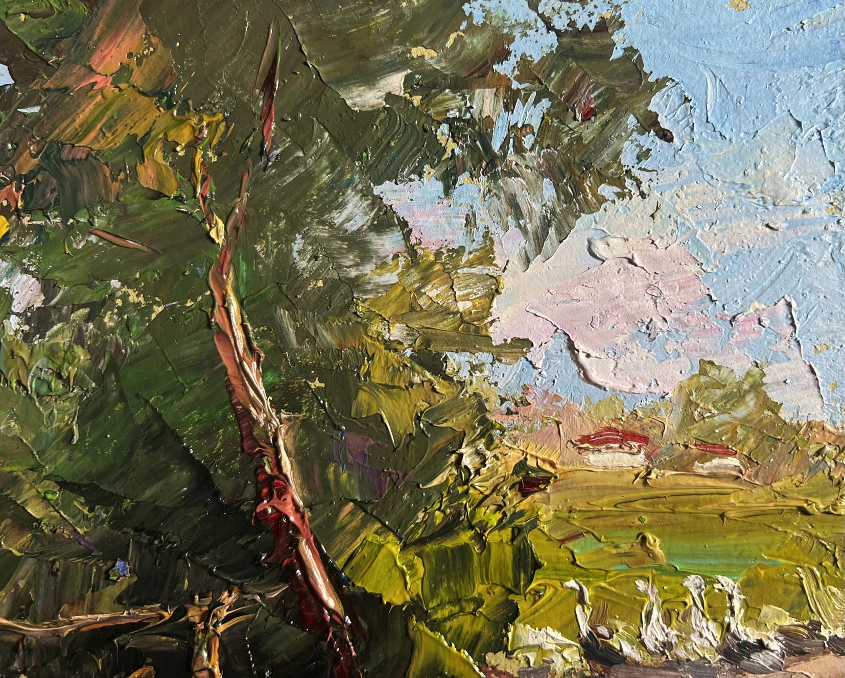 Oil painting landscape with geese by Boris Serdyuk, vibrant impasto greens and blues