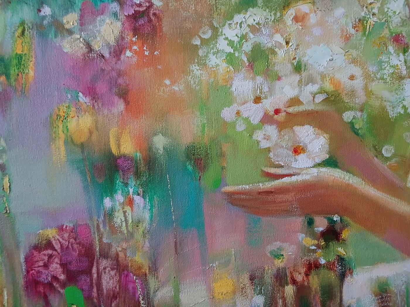 Abstract oil painting Spring Mirage by Anatoly Tarabanov, hands cradling white flowers