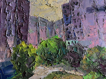 Oil painting Summer day in the city by Boris Serdyuk, textured purple green yellow