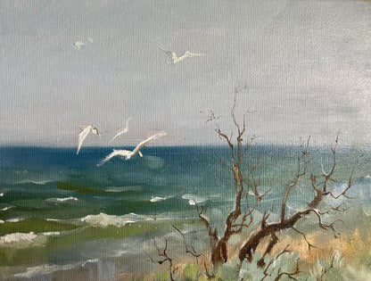Oil painting Autumn sea breeze by Tatyana Derdey: coastal scene with seagulls