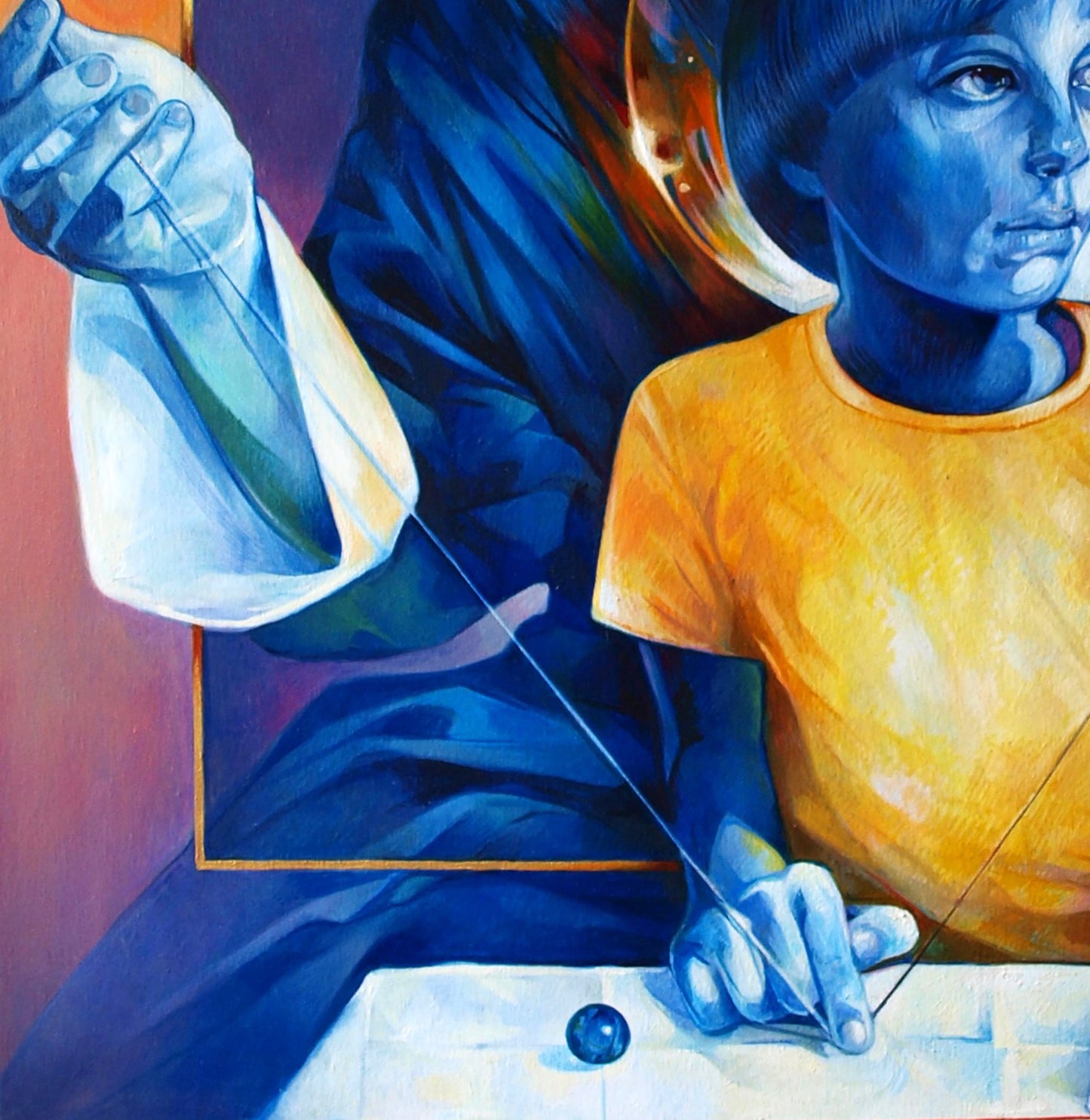 Vibrant oil painting Enjoying Father by Konsta G. Amelinn: blue child in orange shirt holds thread