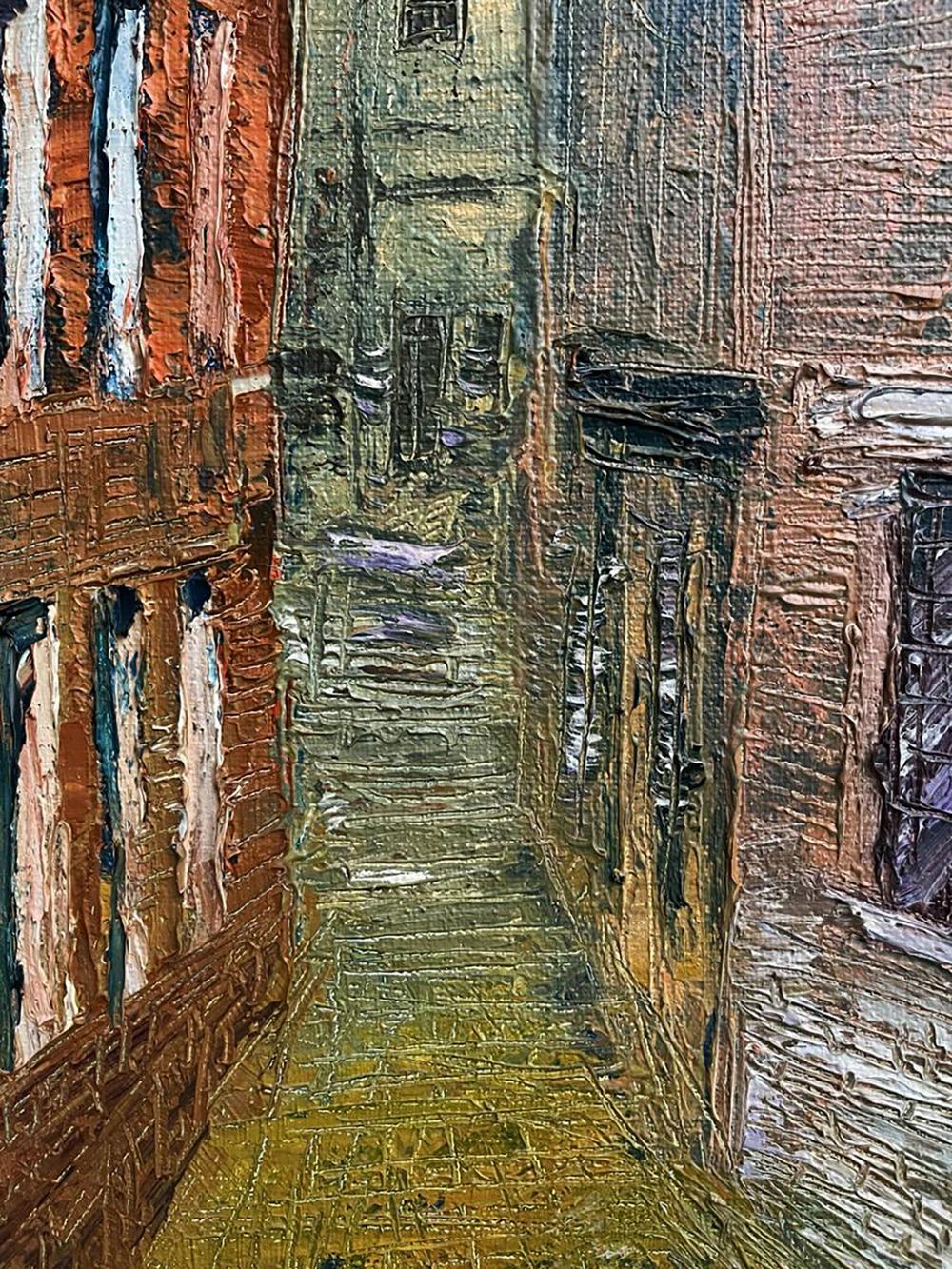 Textured oil painting of narrow cobblestone alley by Serhiy Kovalev