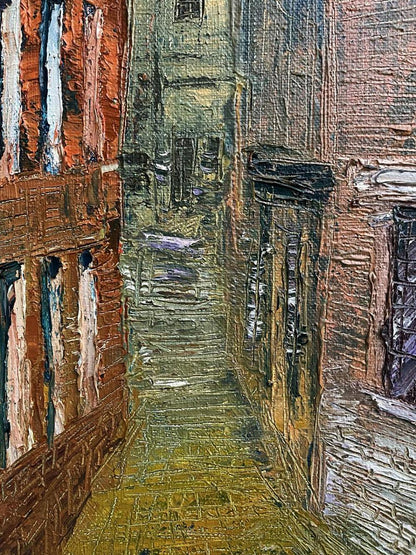 Textured oil painting of narrow cobblestone alley by Serhiy Kovalev