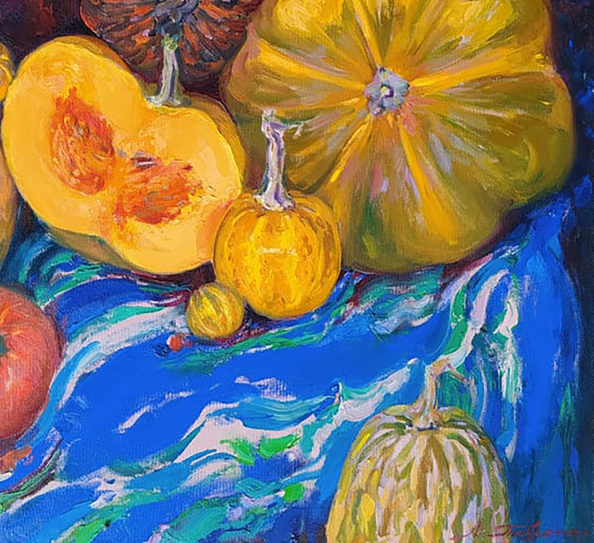 Oil painting of vibrant yellow squash by Leonid Pavlenko, pumpkin harvest