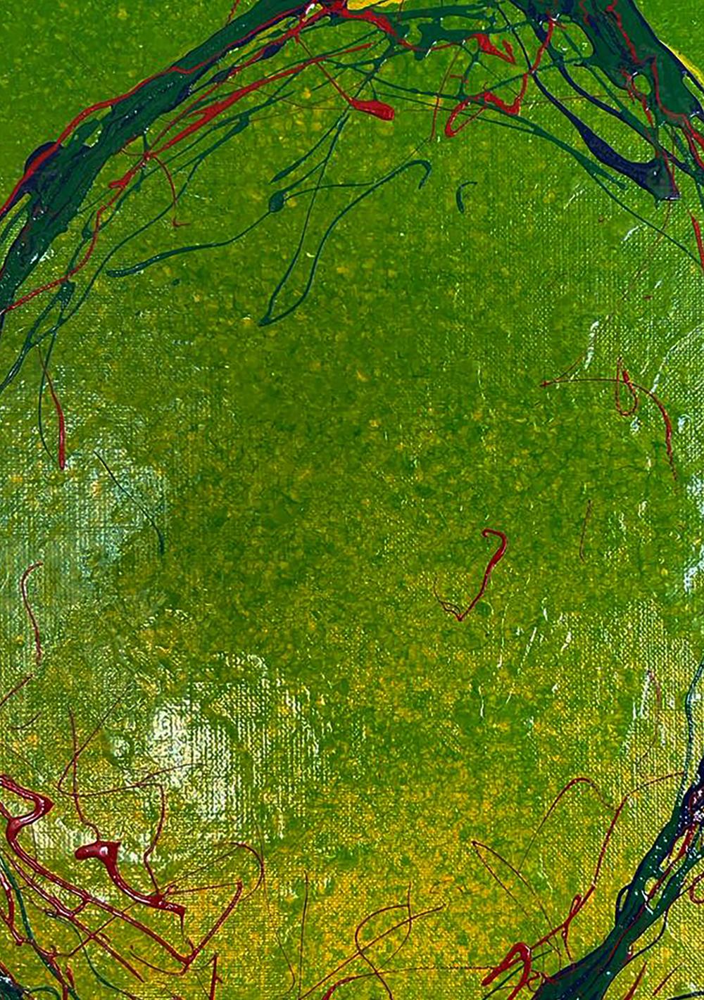 Vibrant acrylic painting Bright Lemon by Olga Melezhik, textured green with red splashes