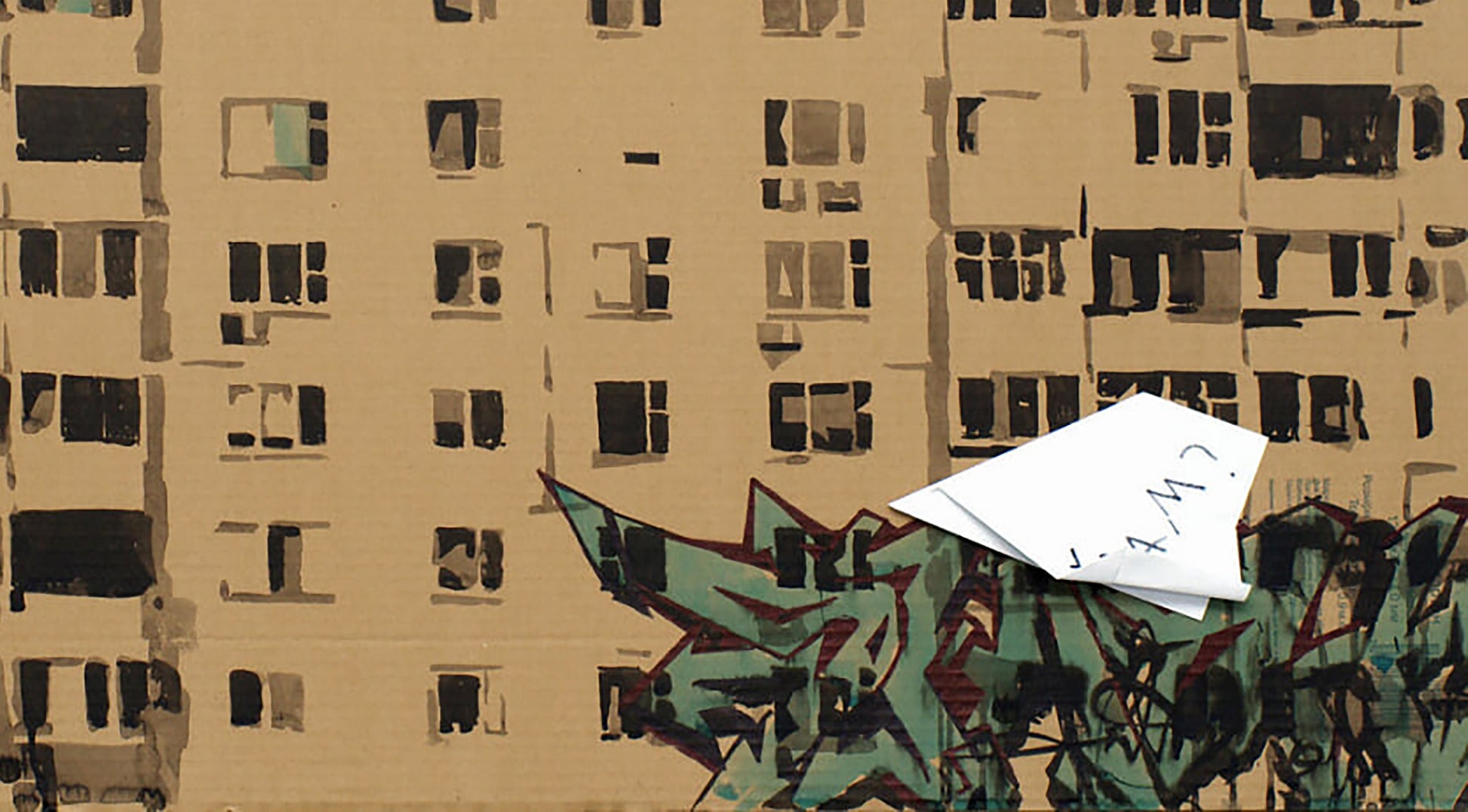 Watercolor painting by Mom Dima Filatov: white paper airplane on graffiti facade
