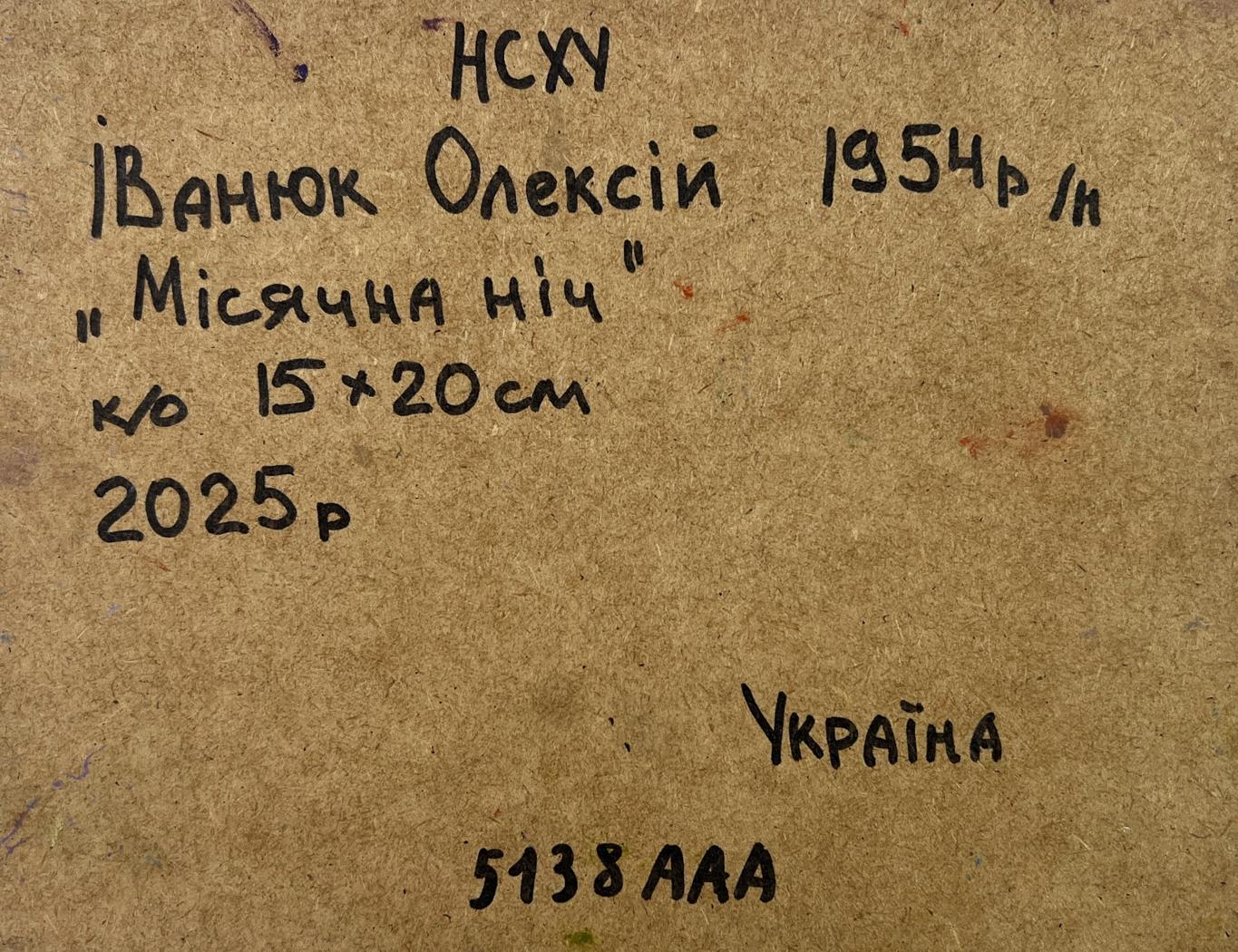 Back of Oil painting Mysterious night under the moon by Oleksiy Ivanyuk with handwritten label on brown cardboard