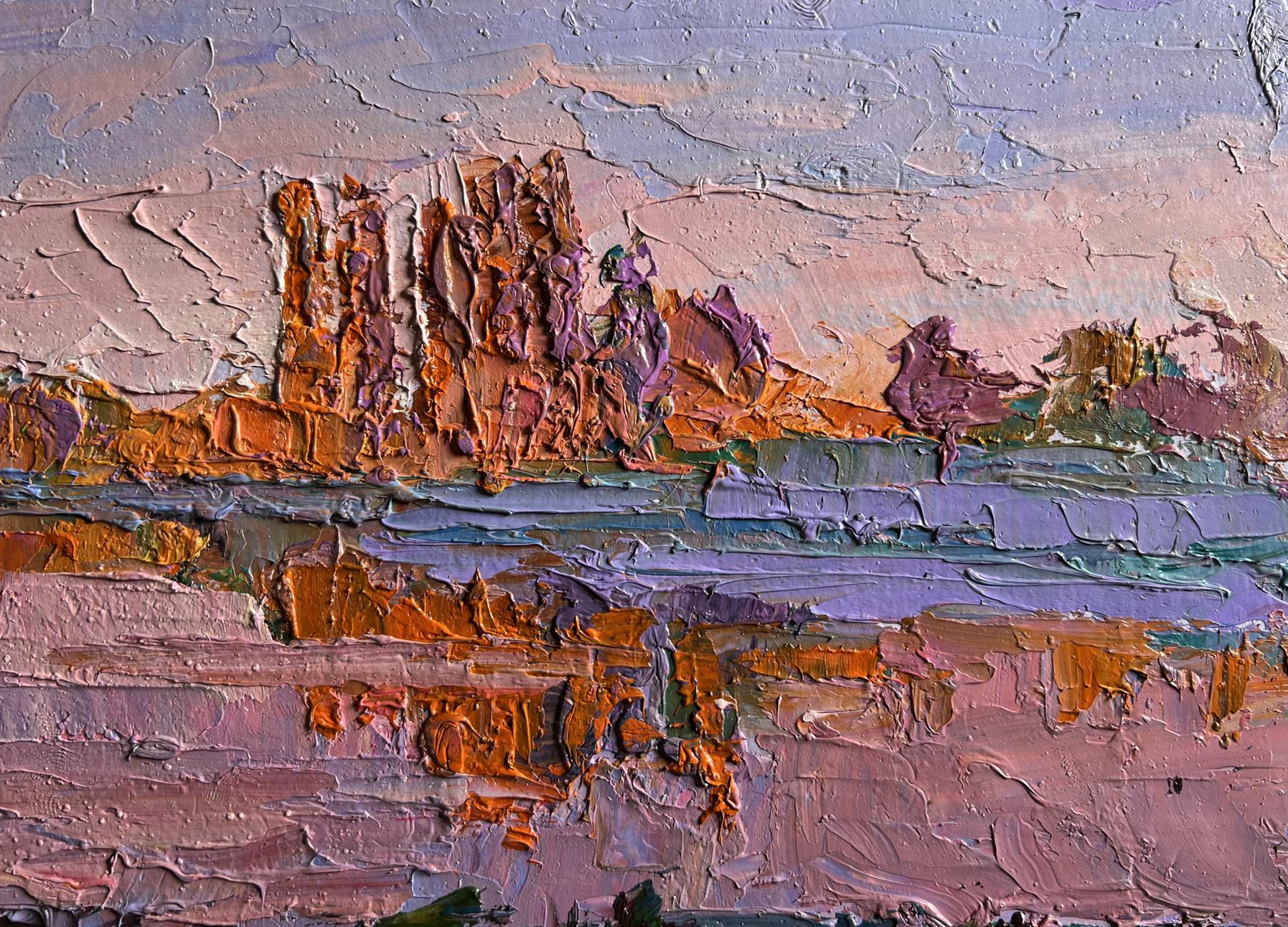 Oil painting Evening on the River by Boris Serdyuk, textured impasto landscape