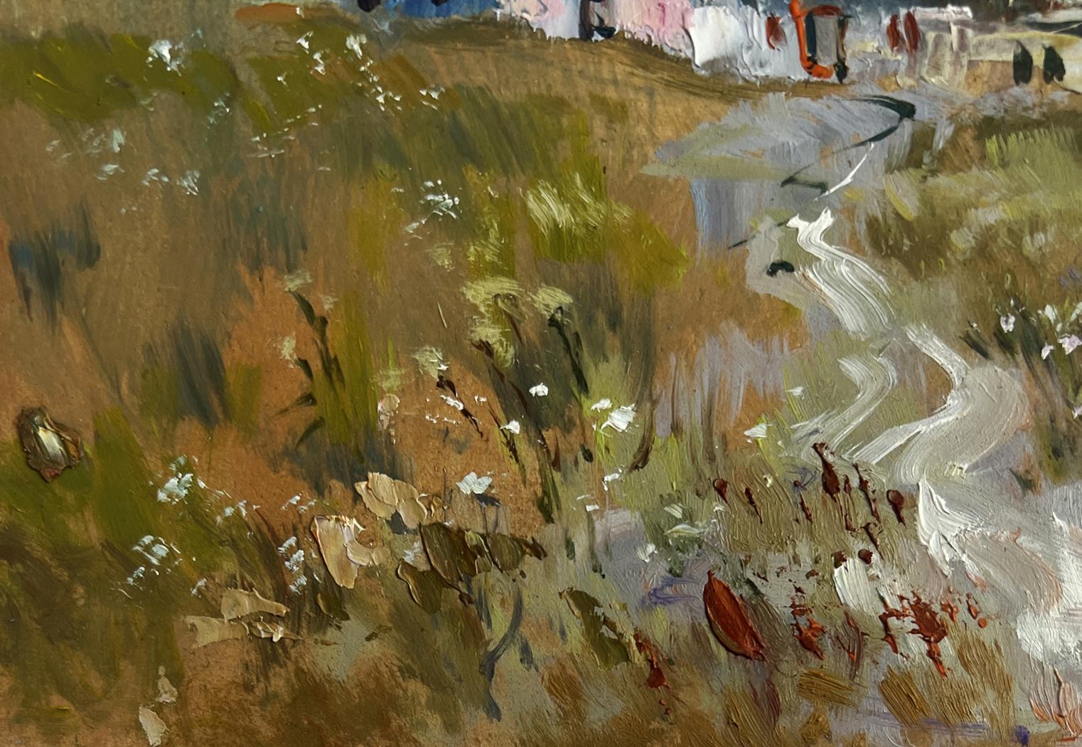 Oil painting by Yuriy Suprunchuk: wild flowers near house with stream