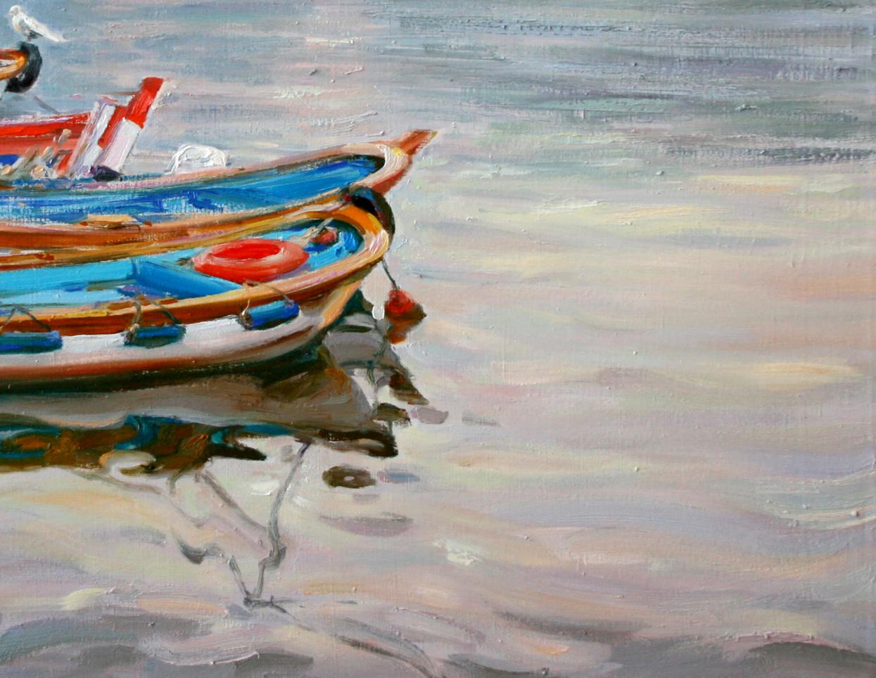 Oil painting of vibrant blue orange boat by Leonid Pavlenko on calm water