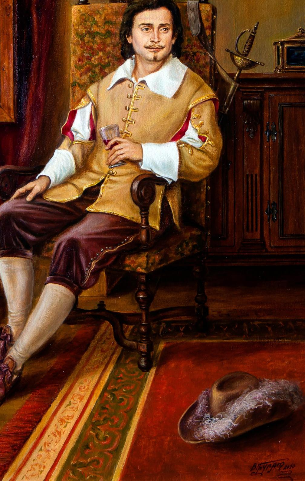 Oil painting In anticipation by Valeriy Bulat: man in tan doublet, maroon breeches
