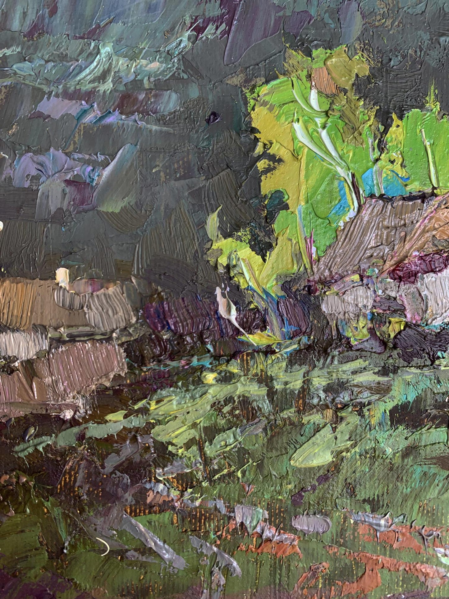 Oil painting Before the Storm by Oksana Ivanyuk, vibrant impasto greens and purples