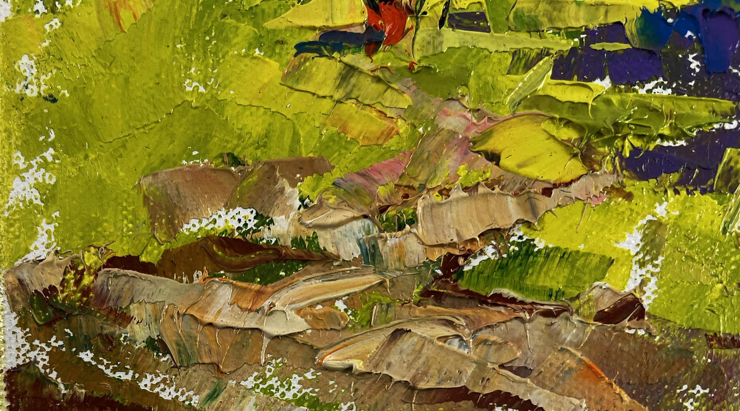 Oil painting Spring breathes memories by Oleksiy Ivanyuk rocky landscape