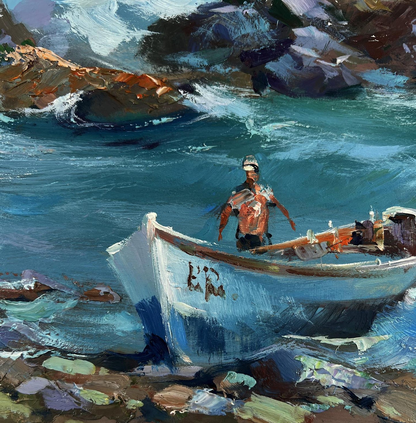 Oil painting of weathered light blue rowboat by Yuriy Suprunchuk