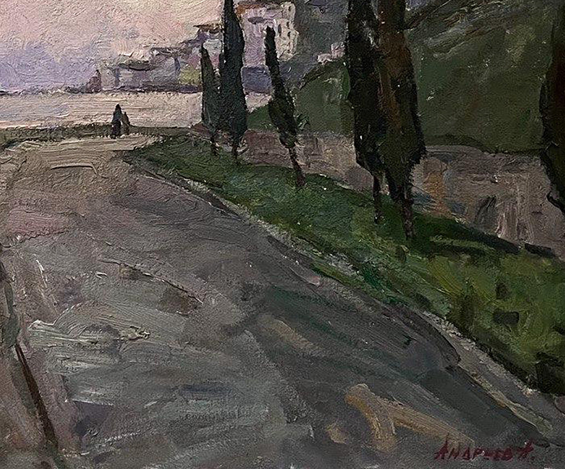 Oil painting Embankment by Oleksandr Andreev textured cypress road scene