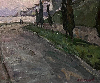 Oil painting Embankment by Oleksandr Andreev textured cypress road scene