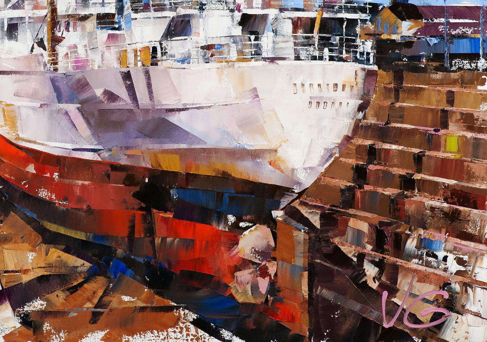 Oil painting of Cargo ship Turrialba in Southampton drydock by Volodymyr Gluhomanyuk