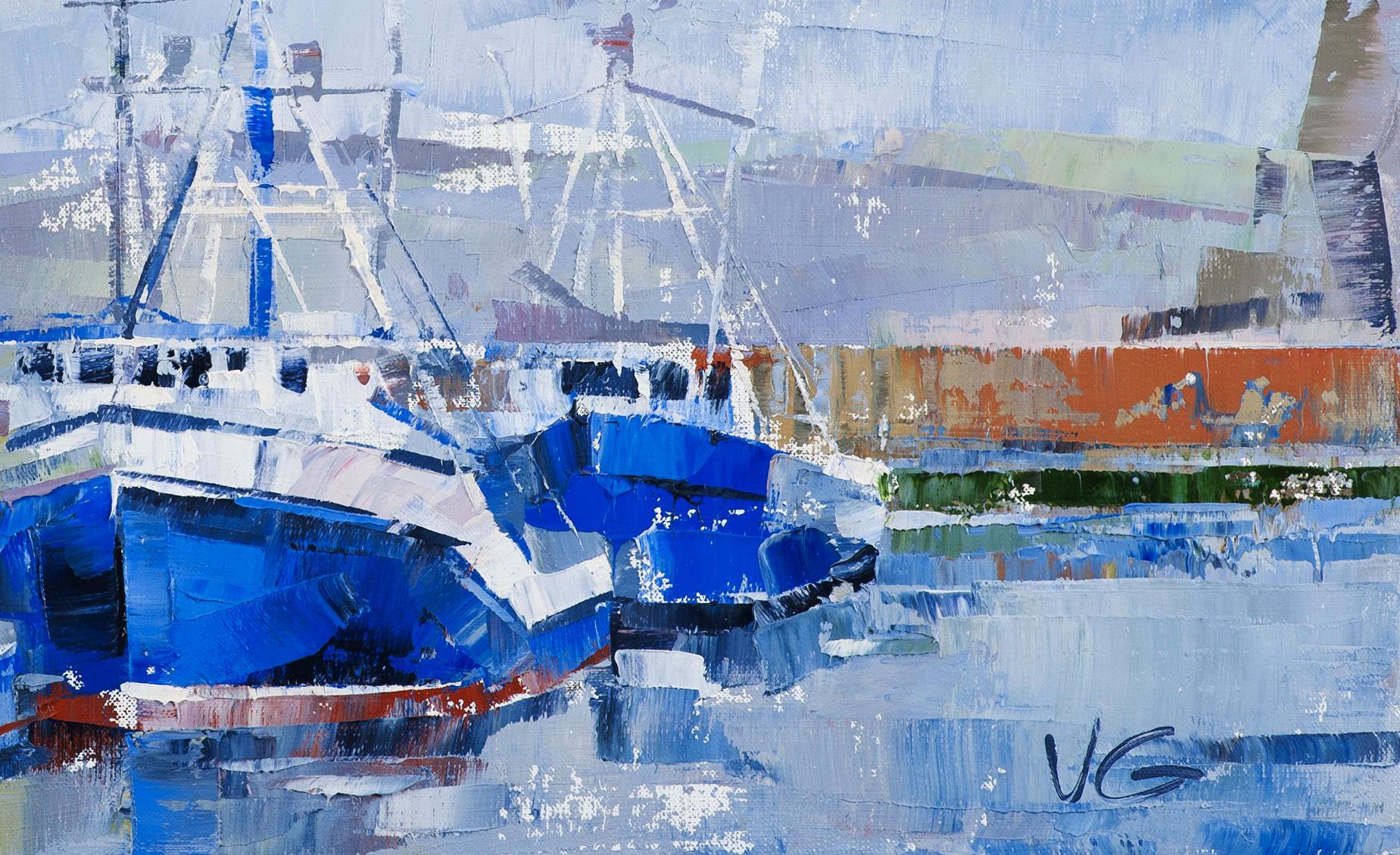 Oil painting by Volodymyr Gluhomanyuk: blue and white fishing boats in harbor