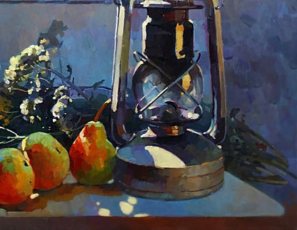 Vintage lantern in Anastasia Yaroshevich oil painting still life with pears
