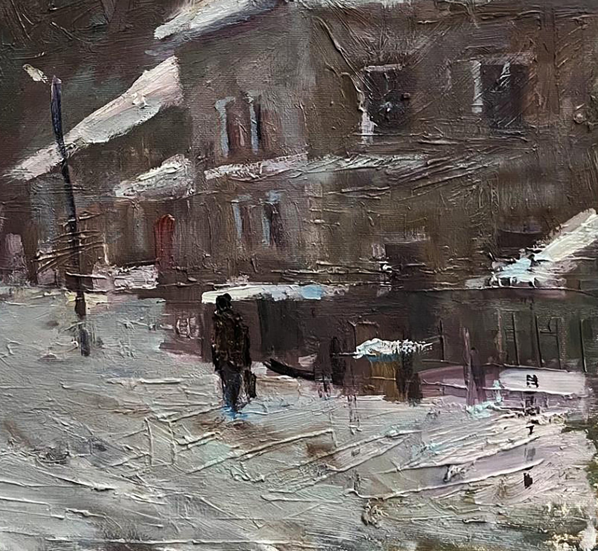 Textured impressionistic oil painting of snowy city street by Volodymyr Pashchenko