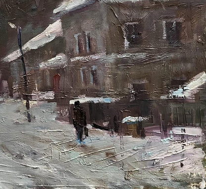 Textured impressionistic oil painting of snowy city street by Volodymyr Pashchenko